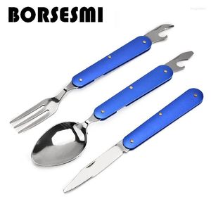 Conjuntos de utensílios de jantar 2023 5set/lote aço inoxidável 3 in1 Conjunto de talheres dobráveis ​​Camping Tableware Picnic Pocket Scoop Fork Dinner