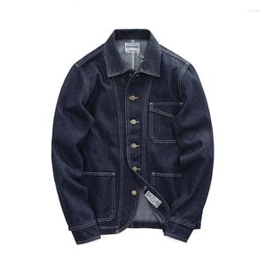 Herrjackor amekaji vintage verktyg män hösten lapel multi-pocket randig jacka retro casual järnväg lokomotiv cardigan kappa