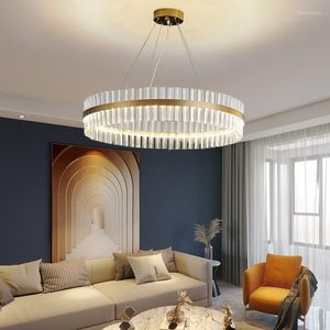 Chandeliers FSS Luxury Gold Round Chandelier For Living Dining Room LED Bedroom Light Transparent Glass Simple Ring Lampshade