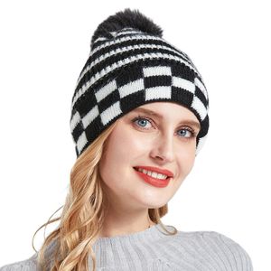 Beanies Beanie/Skull Caps女性衣料チェスボードストライプパターンハットハイエラスティシティサーマルフランジングキャップかわいいボールトップハットビーニー/スカル