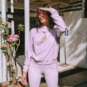 Gym Clothing GAIIA Cutout Front Sweatshirt For Woman Sexy Solid Pink Long Sleeve Pullover Sportswear 2023 Hoodie Jumper Tops