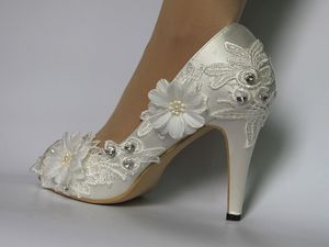 Dress Shoes 3" Heel Satin White Ivory Lace Ribbon Ankle Open Toe Wedding Women Gift