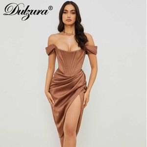 Sukienki swobodne Dulzura 2021 Summer Kobiety czyste satynowe gorset z midi sukienka z ramię wysoko szczeliną Ruched Bodycon seksowne eleganckie impreza solidne ubrania T230210