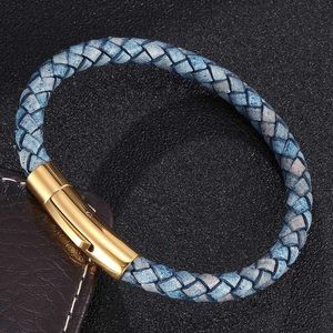 Charm-Armbänder, Schmuck, Großhandel, handgewebtes Lederarmband, goldene Schnappschnalle, Vintage, schlicht, für Herren und Damen, Blau