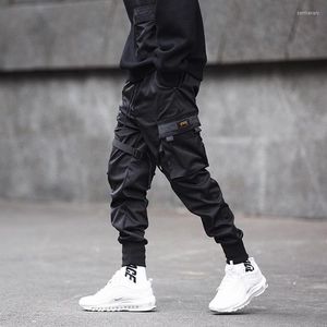 Męskie spodnie męskie wstążki Patchwork Multi Pockets Hip Hop Cargo Czarne taktyczne męskie meny swobodne szczupłe joggery hiphopowe punkowe spodnie Bert22