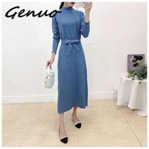 Casual Dresses Genuo Turtleneck Long Women Dress 2023 Autumn Winter Warm With Sashes A Line Knitted Pullover Sweater Pull Femme