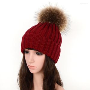 Beretti VS101002 Top Women Autunno inverno Pompom Hat Lady Real Raccoon Pelliccia in lana a maglia calda a maglia