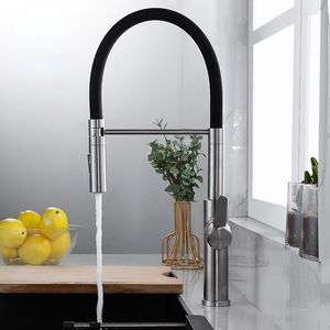 Kitchen Faucets 304Brushed Stainless Steel Universal Rotating Faucet Black Hose Silicone Pull And Cold Water Tank Sink