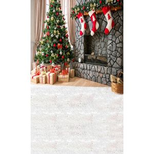 パーティーの装飾5x7ft Pographyの背景クリスマスツリーギフト石造り暖炉背景Vinly Cloth Cozy Decor Bideern Birthday