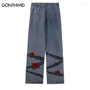 Herr jeans hip hop streetwear mens vintage broderi ros blommor raka denim byxor 2023 lösa baggy byxor