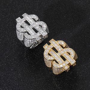 Earringhip Hop Men's Dollar Sign Real Gold Electroplated Micro Set de Personalidade de Zirc￣o Anel Dominante