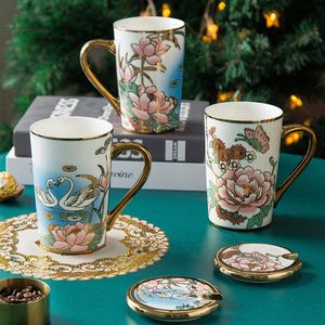 European Style Floral And Butterfly Design Mug With Lid Spoon For Women And Men Creative couple Ceramic Tea Cup