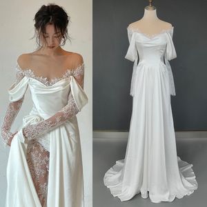 Party Dresses Illusion Tulle Off Shoulder Lace Wedding Gowns Big Size Custom Made A Line Long Sleeves Ruched Satin High Slit Bridal Dress 230211