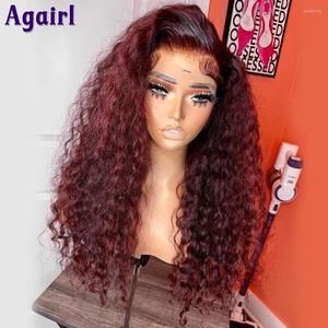 220% densitet Bourgogne Curly 13x4 Spets Front Human Hair Wigs 99J 250% Water Wave 13x6 HD Frontal For Women