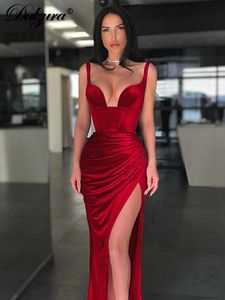 Casual Dresses Dulzura Autumn Velvet Ruched Sexy Y2K Clothes Sleeveless Backless Side Slit Bodycon Midi Dress for Women 2022 Club Party Elegant T230210