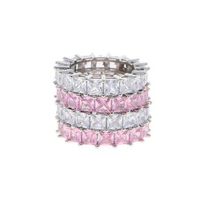 Cluster Rings Hip Hop Bling White Pink Baguette CZ Eternity Band Jewelry For Women Full Cubic Zirconia Paved Stacking Finger RingsCluster