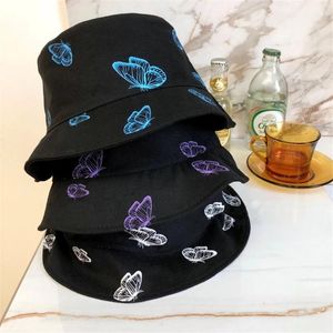 BERETS 1 PCS Butterfly Dubbelsidig broderi Autumn Winter Bucket Hat Foldbar Sun Cap Hip Hop Fishing Outdoor Women Gift