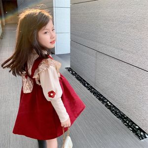 衣料品セット秋の女の子セット甘い弓のコルドロイベストドレスの花の泡長いスリーブTシャツ2ピーススーツ