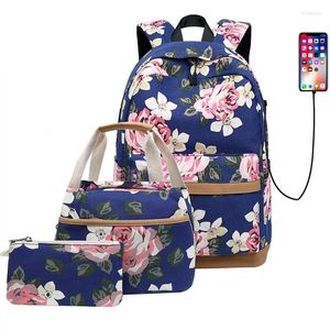 Plecak 3pcs/zestaw kobiet kwiat drukuj USB ładowanie laptopa plecak mody mody studencka szkolna książka dziewczęta podróżne torba na ramię