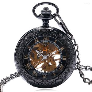 Pocket Watches Classic Roman Number Dial Vintage Hollow Case Design White Mechanical Men Watch Fob With Necklace Chain For Gifts