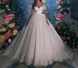 Luxury Shiny Lace Ball Gown Wedding Dresses Princess Off Shoulder Ivory Bridal Dress Chapel Train Vestido De Novia