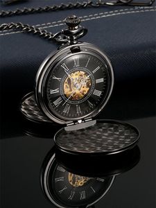 Pocket Watches Ankomst Polerad svart dubbelöppnad Steampunk Mechanical Watch Top Quality Roman Analog Flip