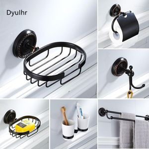 Badzubehör-Set im europäischen Stil, schwarzes Messing, Toilettenbürste, Badezimmer-Klappspiegel, luxuriöser, runder Handtuchring-Hardware-Kit für den Wohnbereich