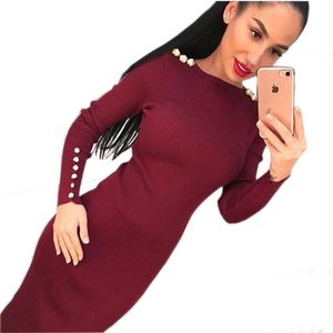 Abiti da festa Moda Donna Sexy Vestito aderente Autunno Inverno Lavorato a maglia Midi Vestdos Solido Manica lunga Pacchetto Hip Abiti GV420