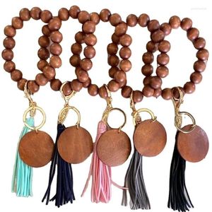 Keychains trä Bangle Key Chain Stora träpärlor Keychain Wristlet Keyring Armband med Suede Tassel For Women Mom Birthday Present Ke129