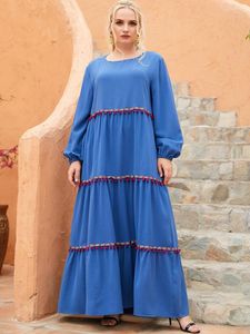 Casual klänningar aligaia fast färg etnisk blå långärmad o-hals klänning för kvinnor 2023 sommar Dubai muslimsk modeislam