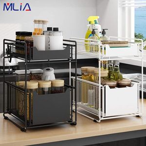 Gavetas de armazenamento sob a pia Organizer rack de 2 camadas de armário deslizante cesta de bancada Pull para fora gaveta Spice prateleira cozinha 230211