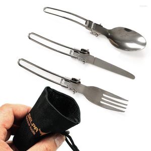 Flatware Sets 3Pcs/Set Portable Stainless Steel Outdoor Picnic Tableware Set Foldable Cutlery Knife Spoon Fork For Camping Hiking W/ Bags