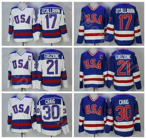 1980 USA ICE Hockey 21 Mike Eruzione Jersey Men College 17 Jack Ocallahan 30 Jim Craig Vintage Team Team Color Blue Away White