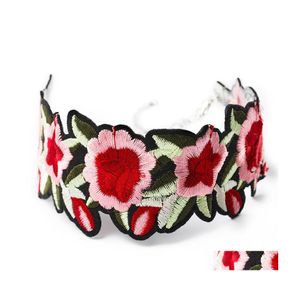 Chokers Fower Chocker Naszyjnik etniczny Rose Element Element Red Flower Hafloidery Collier Oświadczenie Chic Drop dostawa Żyd Dh6pe