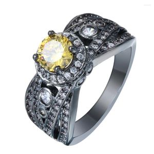 Bröllopsringar Hainon Luxury Svartguldfärg Löfte Kvinnor Syckel Lady Princess Micro Paled Yellow Zircon Engagement Ring