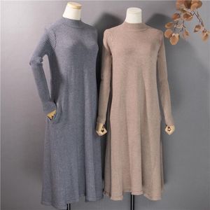 Casual Dresses Turtleneck Long Sleeve Brown Sweater Dress Maxi Loose Korean Style Stretchable Plus Size Clothing Jersey Mujer Pullovers