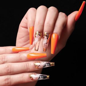 False Nails 24Pcs Detachable Foils Decal Pink Orange Long Coffin Ballerina Acrylic Fake Full Cover With Press Glue