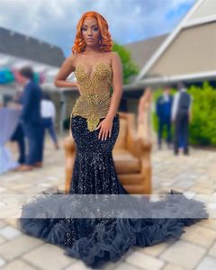 Sparkly Black Sequins Mermaid Prom Dresses With Long Gloves Sexy Sheer Neck Ruffle Beaded Formal Brithday Party Dress Robe De Bal