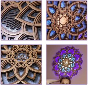 Lampada da parete Mandala Yoga Room Night Light LED multistrato taglio laser intagliato elegante goccia sospesa in legno