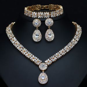 Bröllopsmycken uppsättningar cwwzircons exklusiva Dubai guldplatta smycken lyxiga kubiska zirkoniumhalsband örhänge armband party smycken uppsättning för kvinnor t053 230211