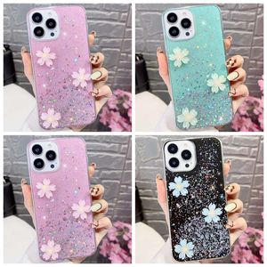 Custodie con paillettes bling fiore di primavera 3D per Samsung S22 Ultra Plus A13 A04 A14 A54 M53 M33 A23 A73 A53 A33 A03 Core A13 Foil Glitter Soft TPU Confetti Clear Phone Cover Skin