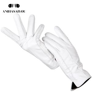 Mittens Fashion white leather gloves women Genuine Leather White gloves sheepskin Short comfortable Women's gloves warm lining-2226D 230211