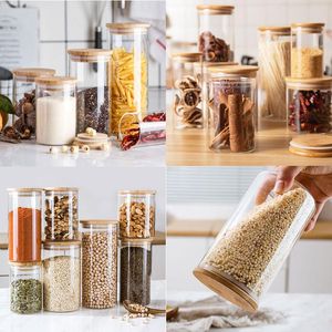 Square Glass Storage burkar med bambu lock för kaffebönor Grains Noodles matlagring containrar Köksarrangörer förvaring