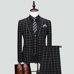 Men's Suits Men's Black Polyester Cotton Check Design 3 Pieces 2 Button Notch Lapel Groom Wedding Formal Tuxedos