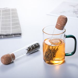 Filtri per tè in vetro trasparente Infusore per tè a forma di tubo con tappo in legno Filtri per spezie a base di erbe Strumento per infusore per tè resistente al calore Coladores De Te En Forma De Tubo