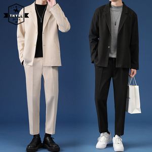 Ternos masculinos Blazers masculino Casual Suit Jackets Luxury Blazer Set Streetwear Elegante Coreano 2 Peças com calças ZA Spring Overcoat Troushers 230213