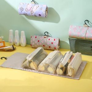 4pcs in 1 여행 화장품 가방 여성 지퍼 메쉬 분리 가능한 화장품 파우치 숙녀 접이식 나일론 백 로프 메이크업 스토리지 가방