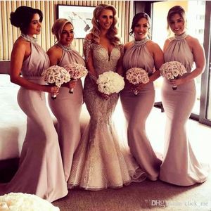 Bridesmaid 2023 Champagne Dresses Mermaid Halter Sleeveless Beaded Chiffon Beach Plus Size Wedding Guest Gowns Custom Made Formal Evening Wear