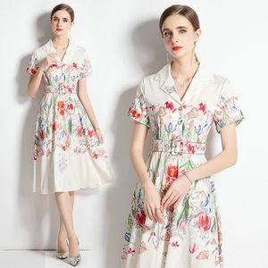 Boutique Girl Dress Short Sleeve Floral Dress Summer Printed Dress High-end Elegant Lady Printed Dresses OL Fashion Dresses