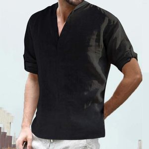 Camisetas masculinas 2023 Men's Casual Soll Stand Collar Blusa Roll Up Sleeve Tops Long T-shirt Super confortável de alta qualidade rápido